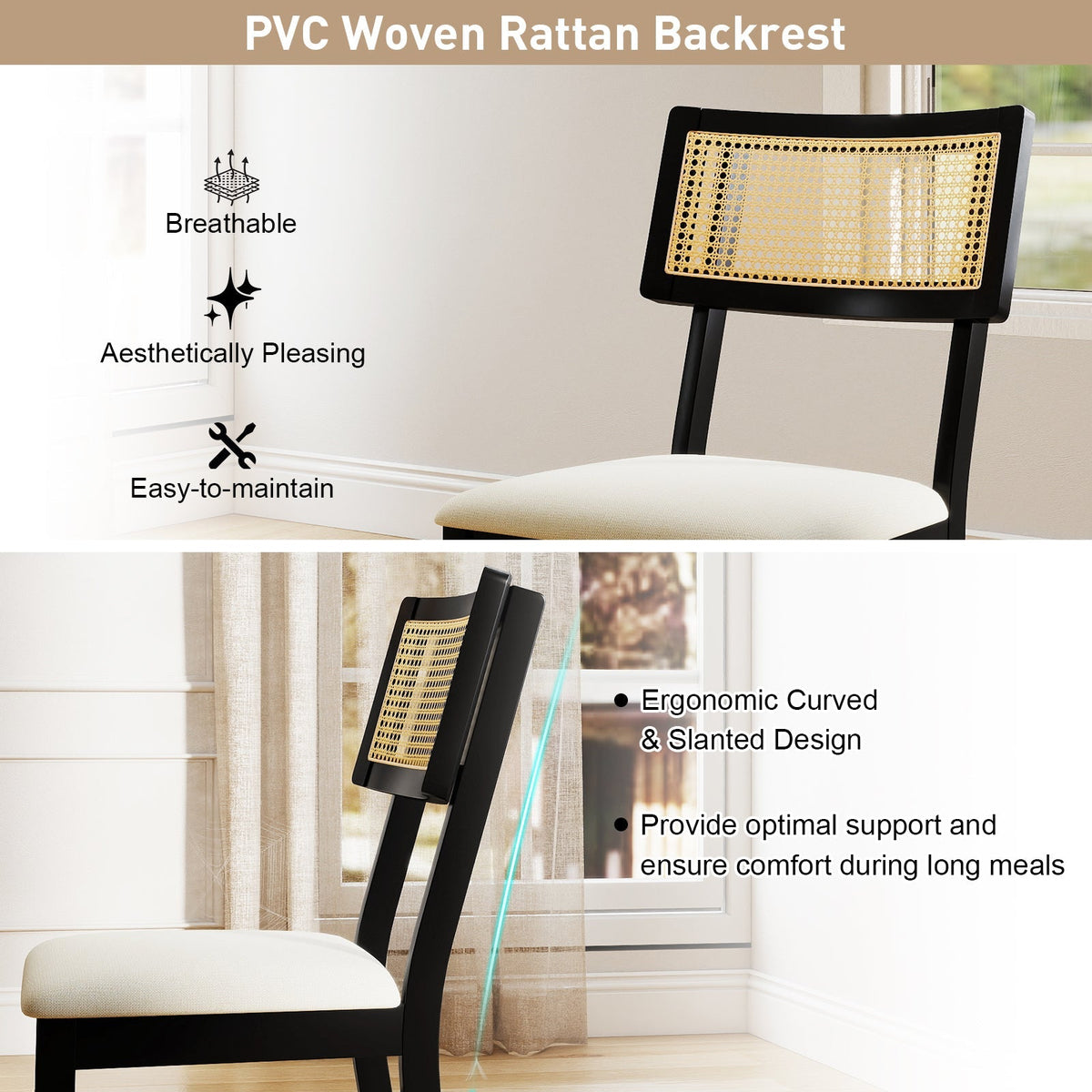 Rattan Dining Chairs Set of 4 Fabric Upholstered Kitchen Chairs with Padded Seat and Rubber Wood Legs-Black