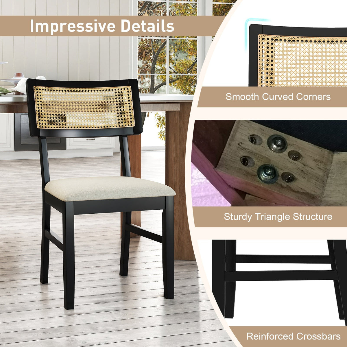 Rattan Dining Chairs Set of 4 Fabric Upholstered Kitchen Chairs with Padded Seat and Rubber Wood Legs-Black