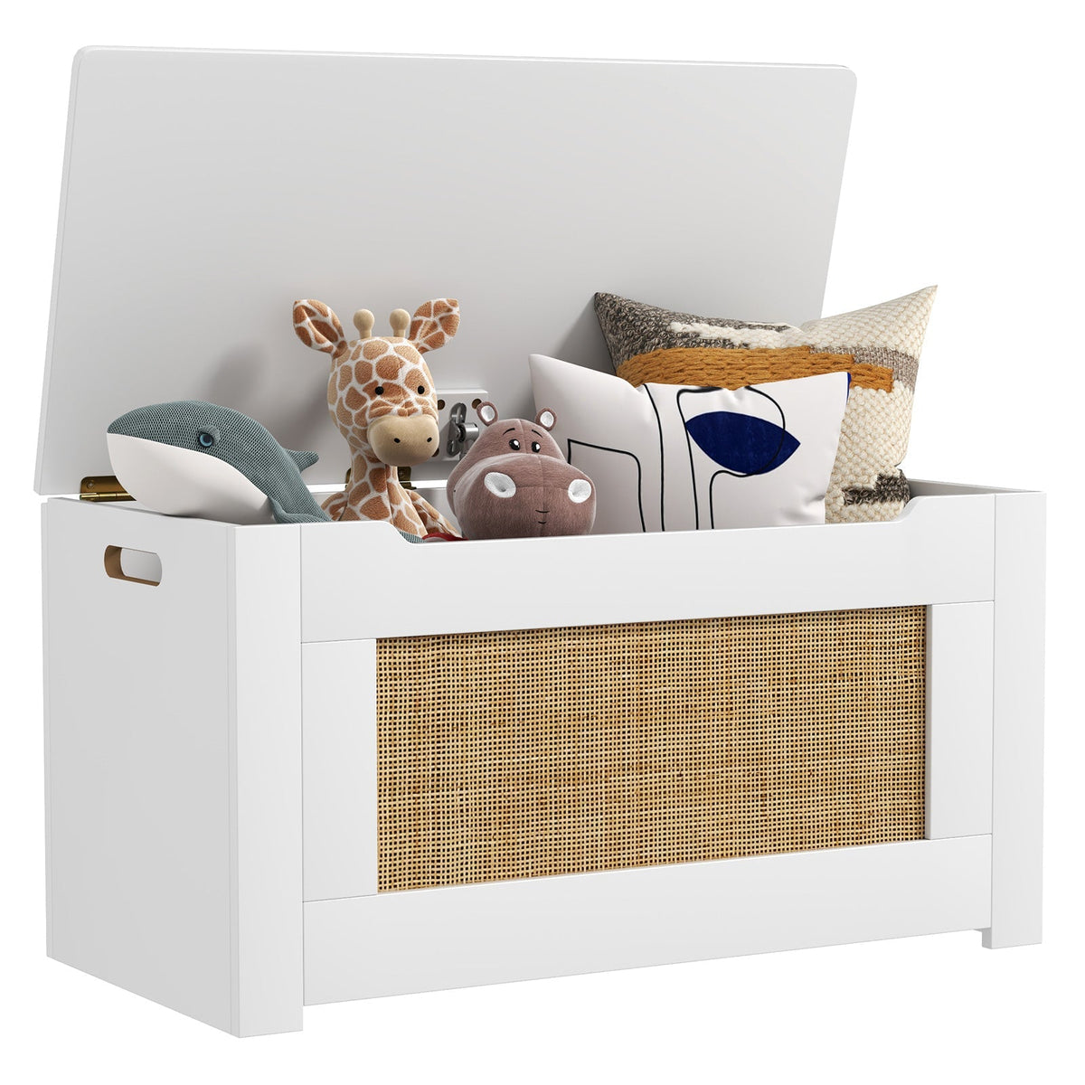Caja de almacenamiento de juguetes de ratán para niños con tapa abatible y bisagras de seguridad, asas - Blanca