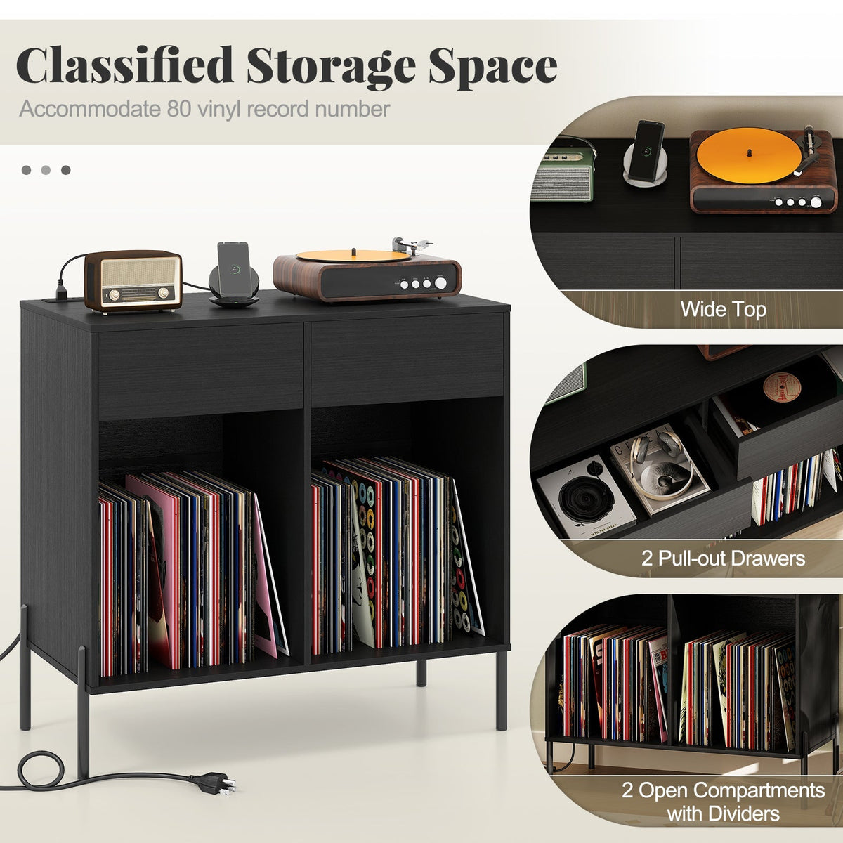 Record Player Stand with Power Outlets Double Wide Turntable Stand Vinyl Record Storage Table