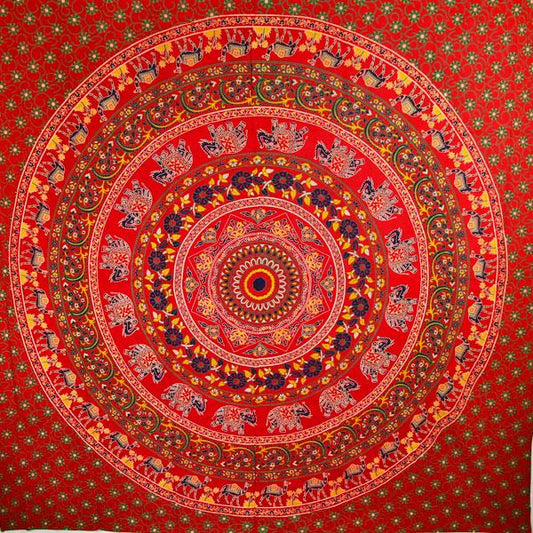 Red Elephant And Camel Mandala Tapestry Wall Hanging