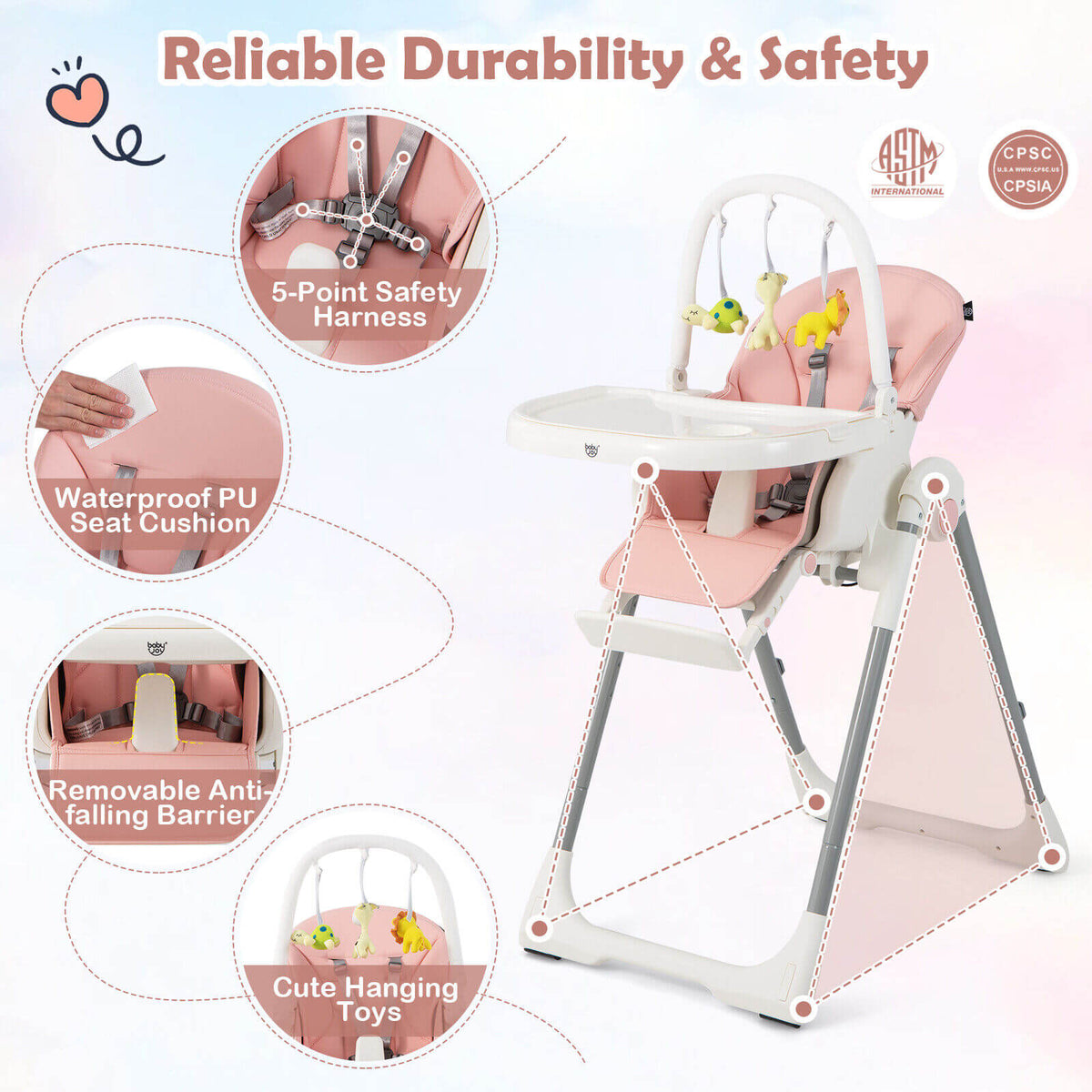 4-in-1 Foldable Baby High Chair with 7 Adjustable Heights and Free Toys Bar