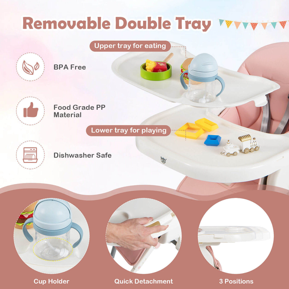 4-in-1 Foldable Baby High Chair with 7 Adjustable Heights and Free Toys Bar