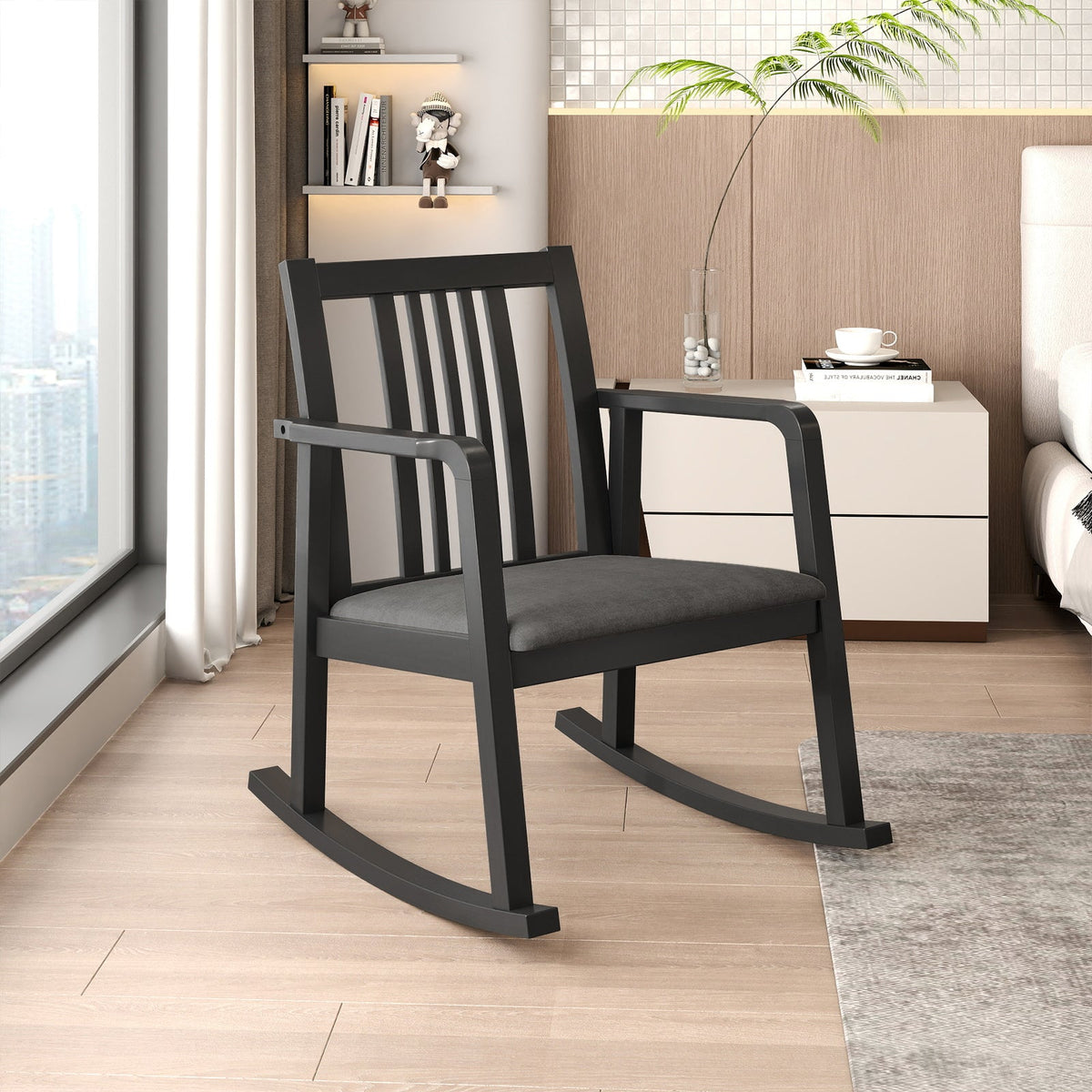 Rocking Chair with Slatted Back and Curved Armrests