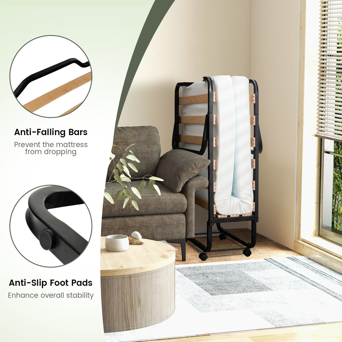 Rollaway Folding Bed with Memory Foam Mattress Made in Italy