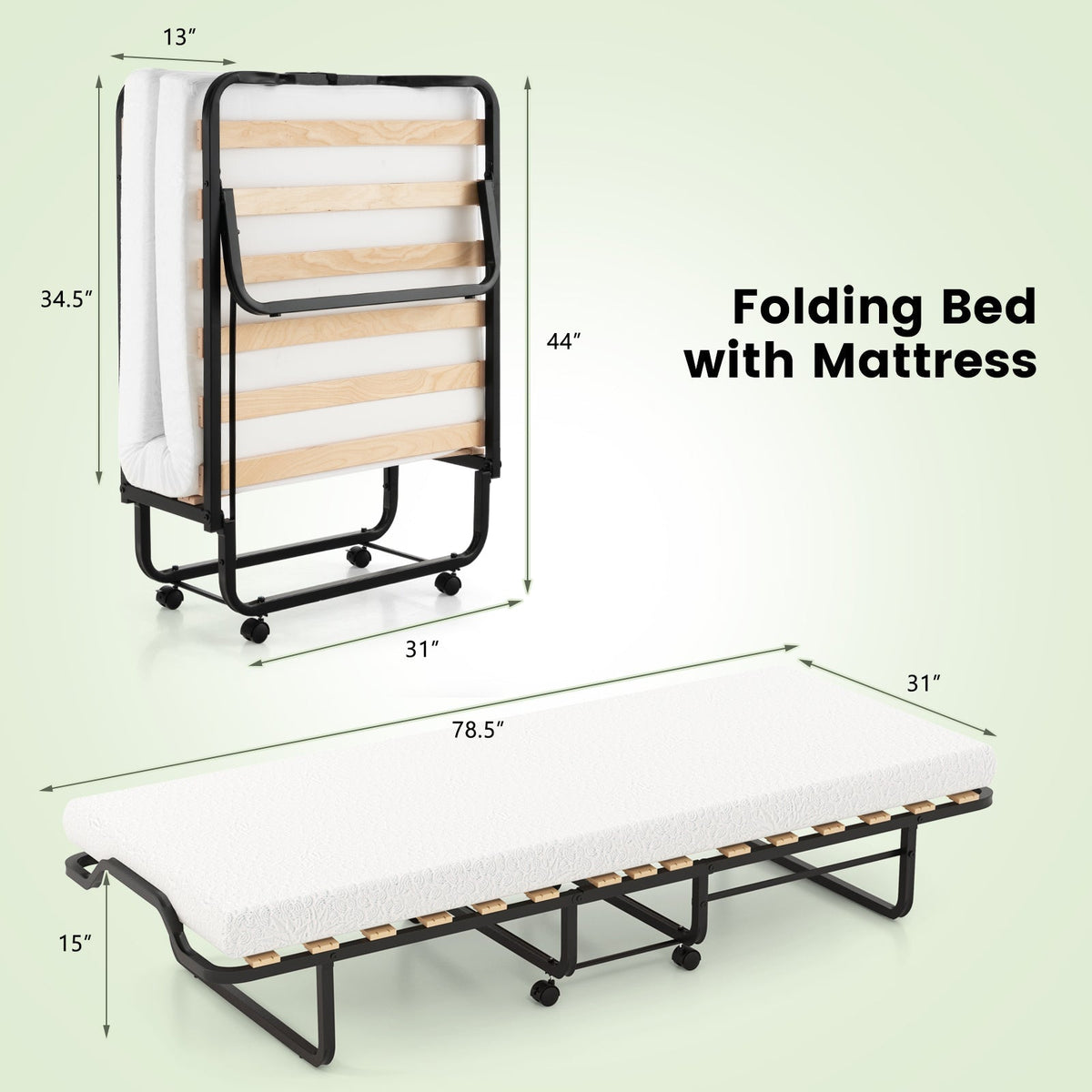 Rollaway Folding Bed with Memory Foam Mattress Made in Italy