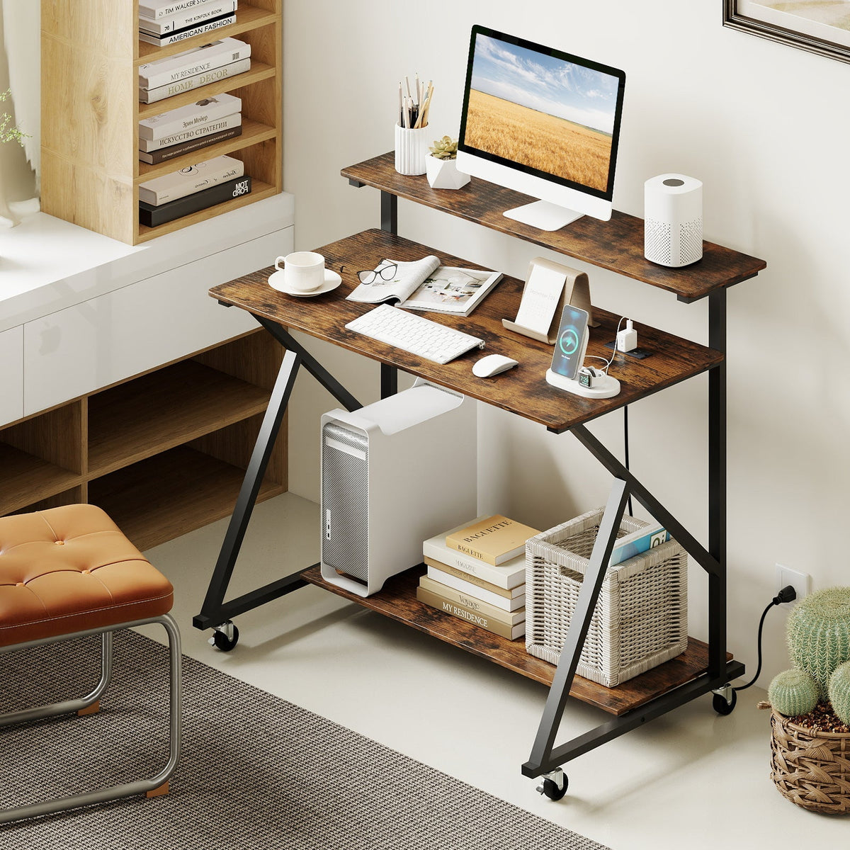 Rolling Computer Desk with Charging Station and Monitor Shelf Storage for Home Office