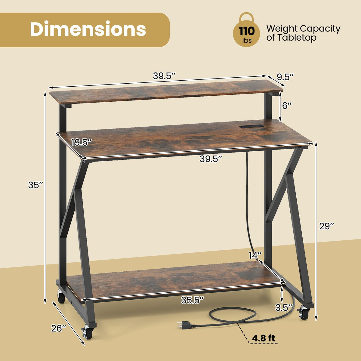 Rolling Computer Desk with Charging Station and Monitor Shelf Storage for Home Office