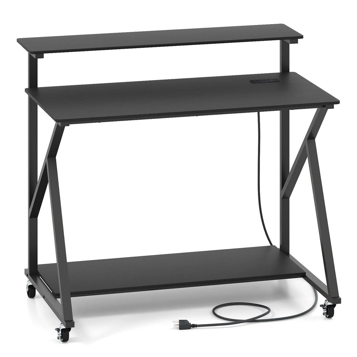 Rolling Computer Desk with Charging Station and Monitor Shelf Storage for Home Office