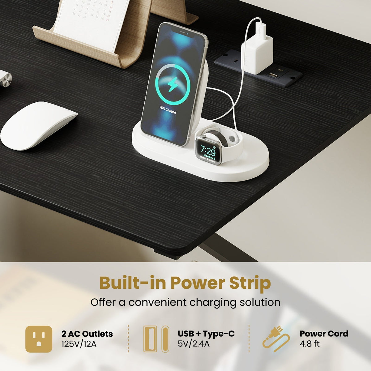 Rolling Computer Desk with Charging Station and Monitor Shelf Storage for Home Office