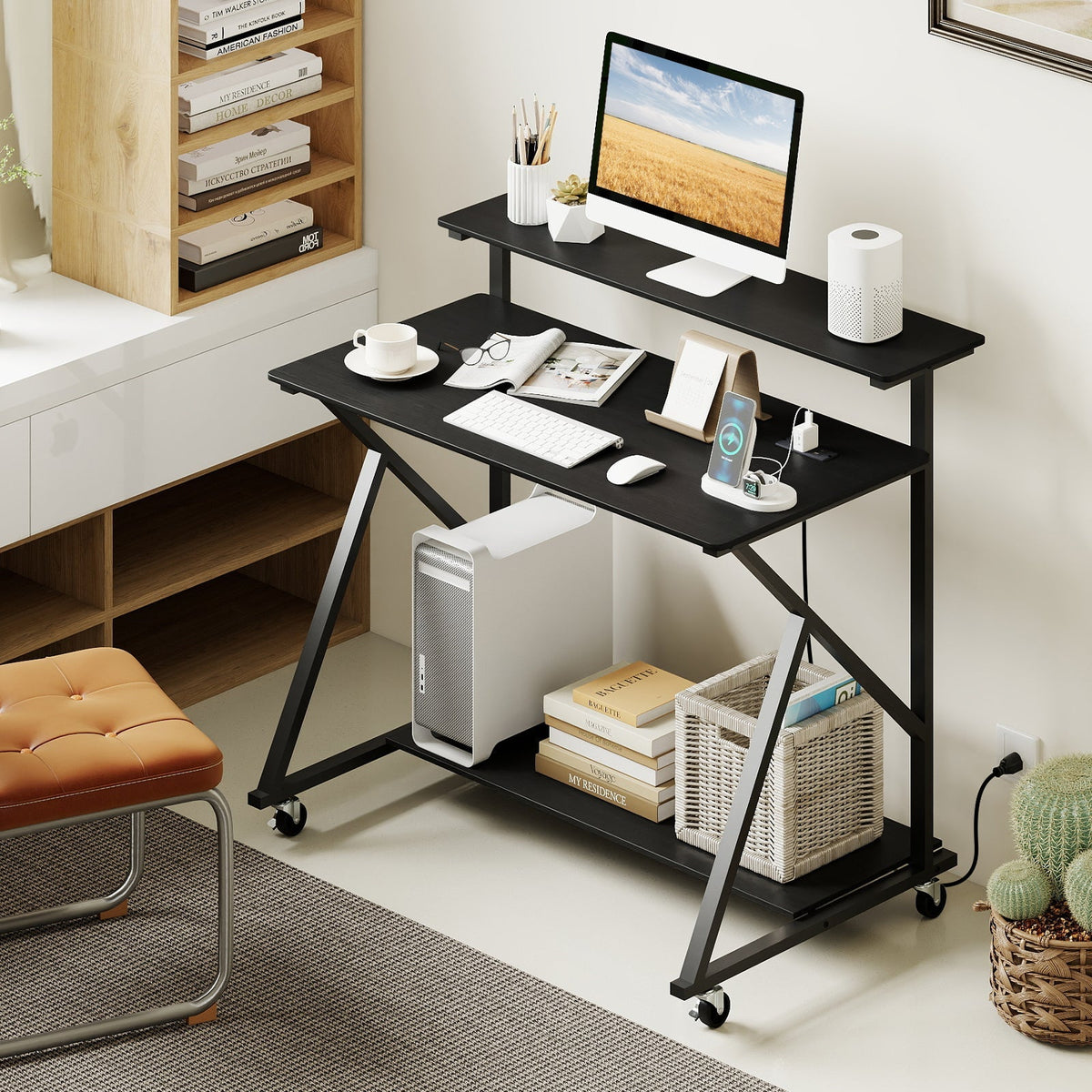 Rolling Computer Desk with Charging Station and Monitor Shelf Storage for Home Office