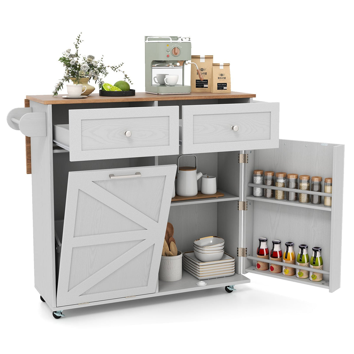 Rolling Kitchen Island with Trash Can Cabinet and Rubber Universal Wheels