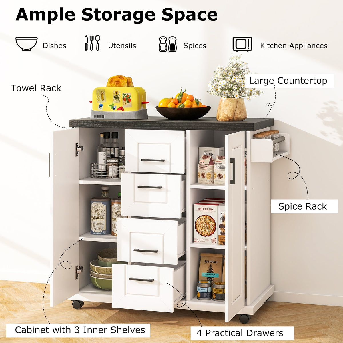 Rolling Kitchen Island Cart on Wheels with Storage Cabinets-White
