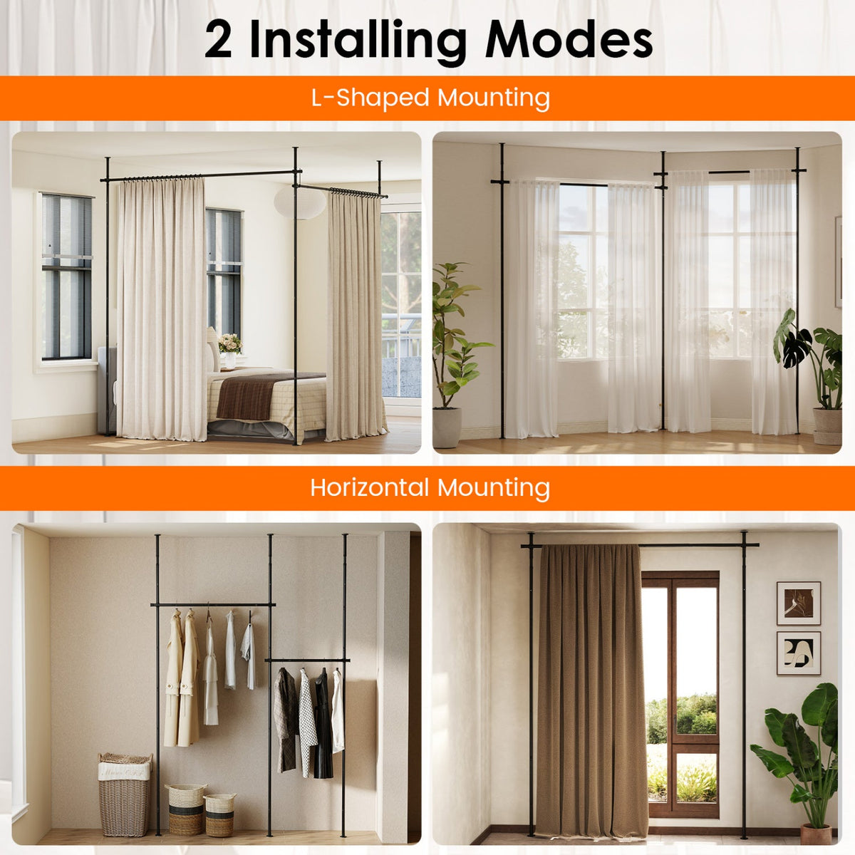 Room Divider Curtain Rod with Adjustable Floor to Ceiling Tension Rod (Curtains Not Included)