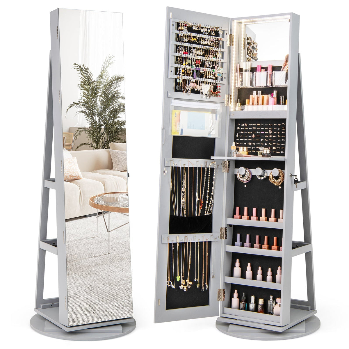 360° Rotating Mirrored Jewelry Cabinet Armoire 3 Color LED Modes Lockable