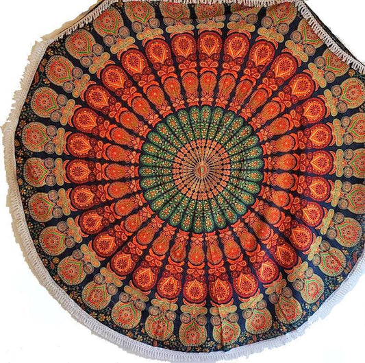 Round Mandala Cotton Tapestry 70in Lace Trim Throw Boho