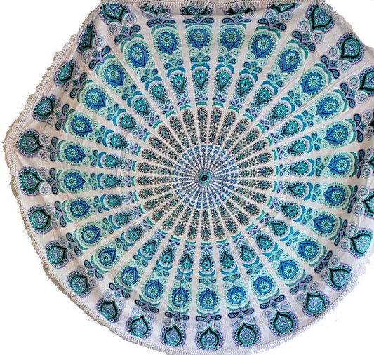 Dancing Peacock Round Mandala Cotton Lace Tapestry 70 Inch