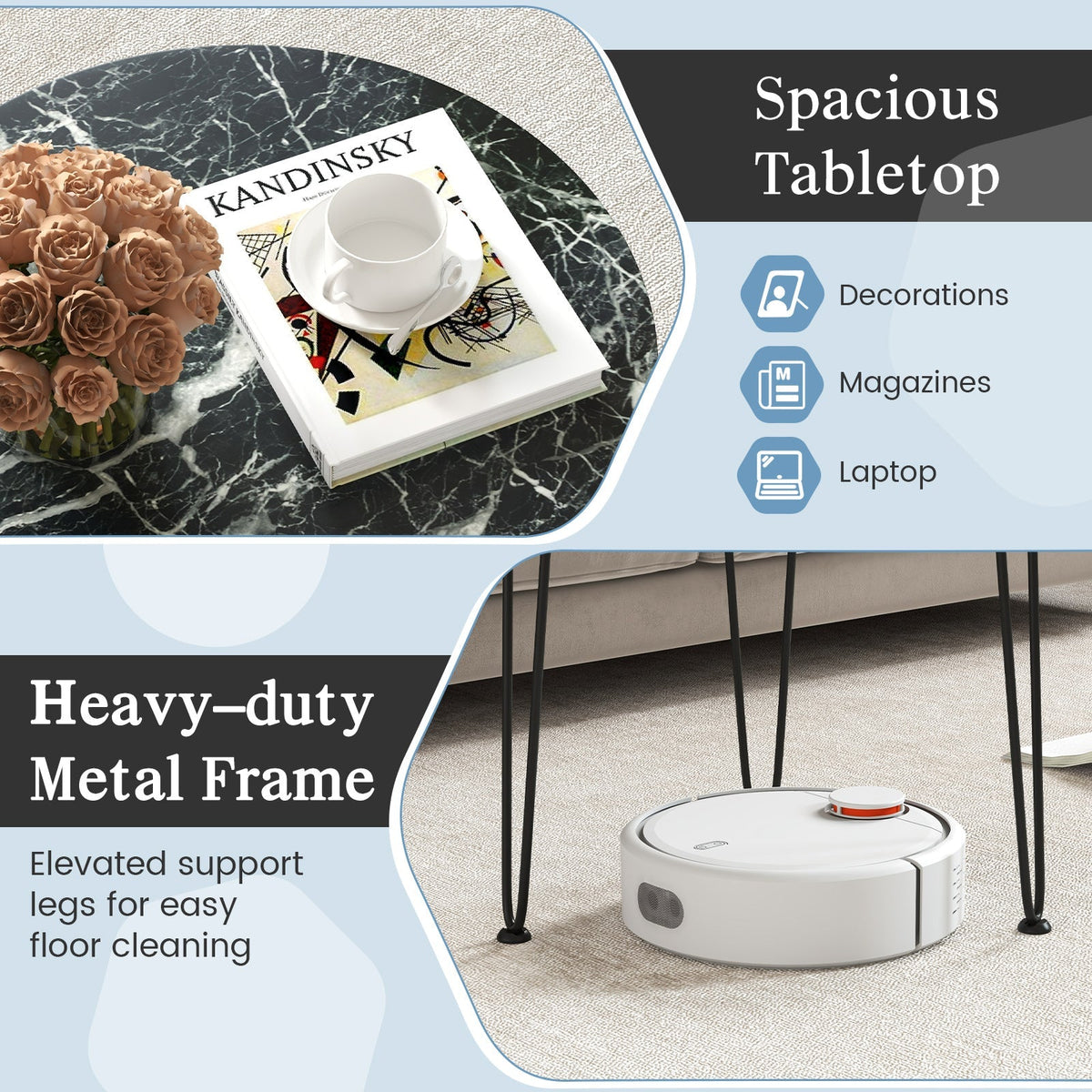 Round Coffee Table with Thickened Tabletop and Metal Tripod Legs