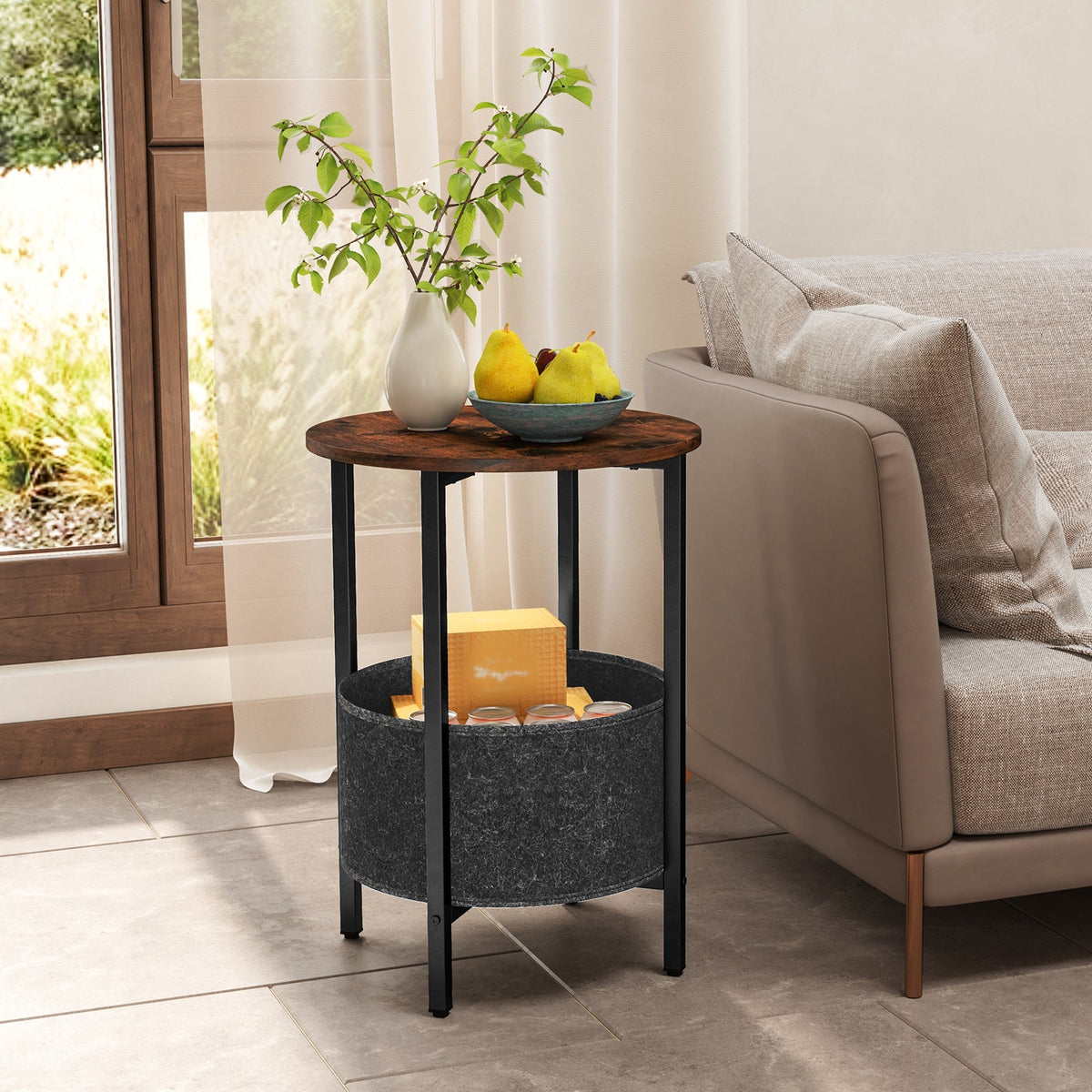 Round End Table 2-Tier Side Table with Removable Fabric Basket and Metal Frame