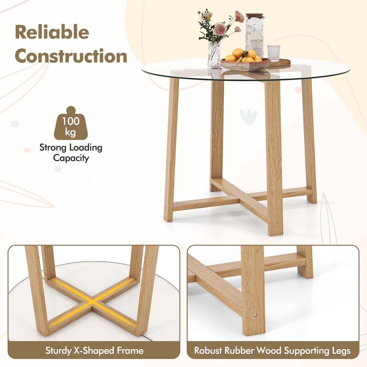 42 Inches Round Glass Dining Table with Tempered Glass Tabletop and Rubber Wood Legs-Natural