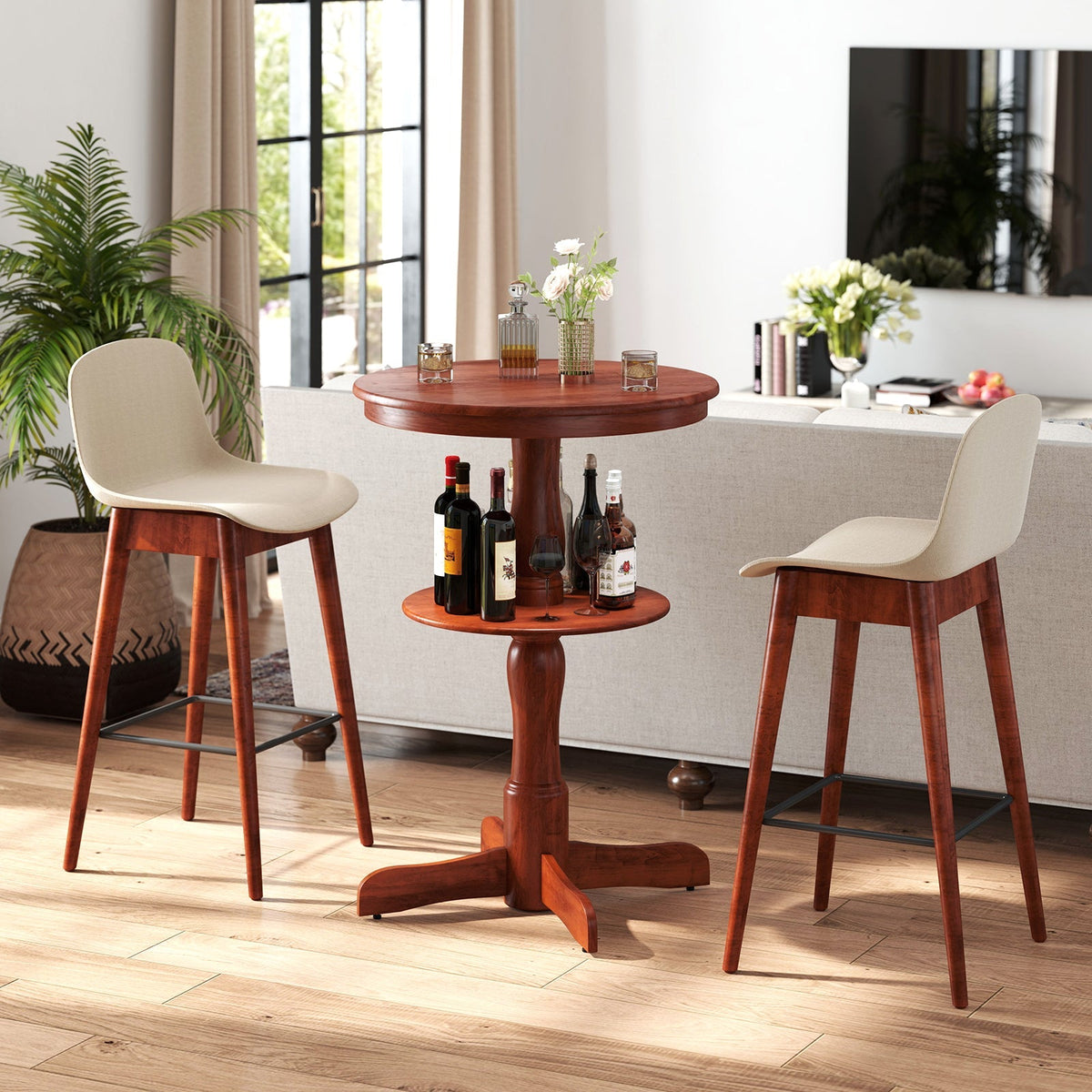 Mesa alta redonda de bar de 2 niveles con estante de almacenamiento y base de pedestal - Espresso