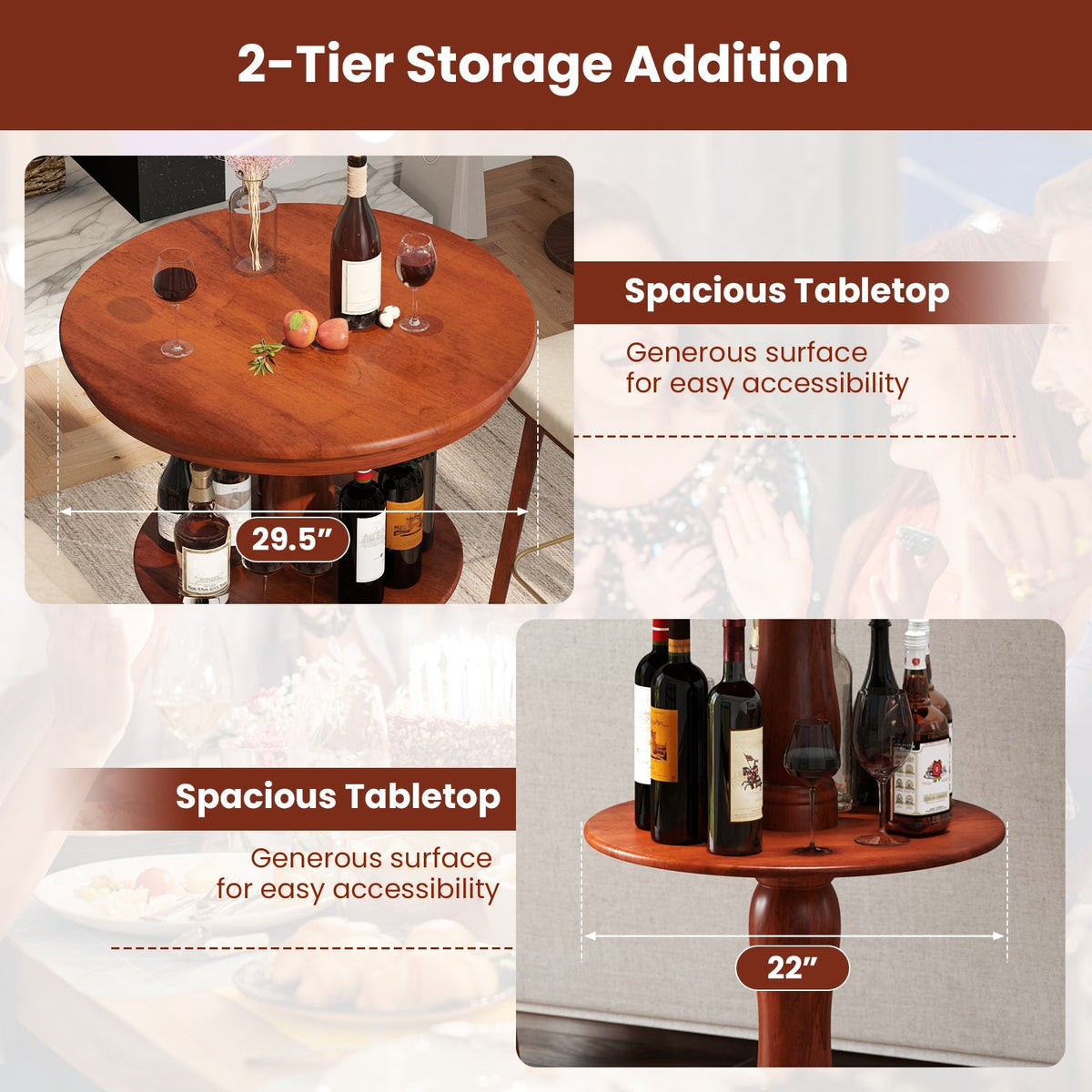 Mesa alta redonda de bar de 2 niveles con estante de almacenamiento y base de pedestal - Espresso