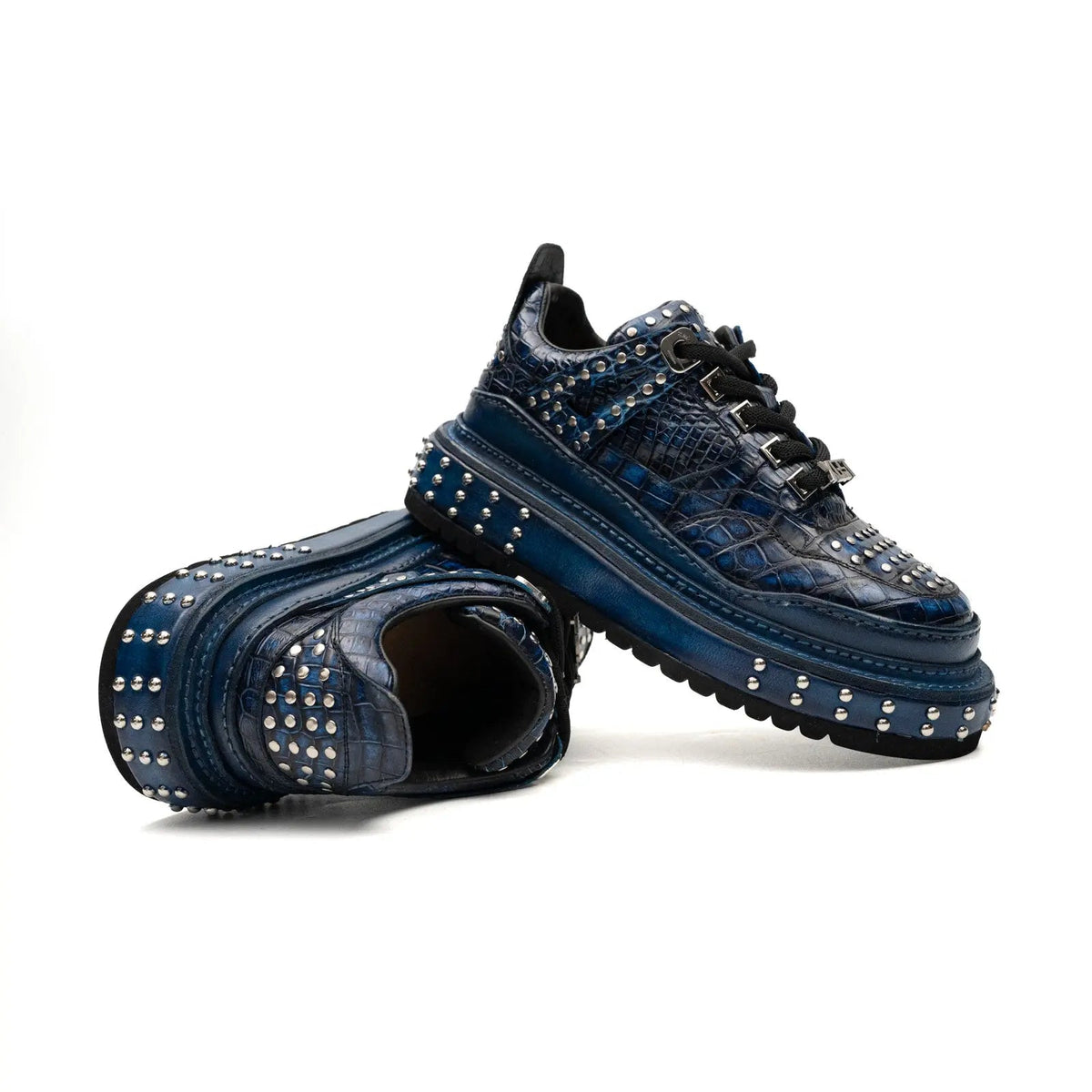 Blue Studded Crocodile Leather Sneakers