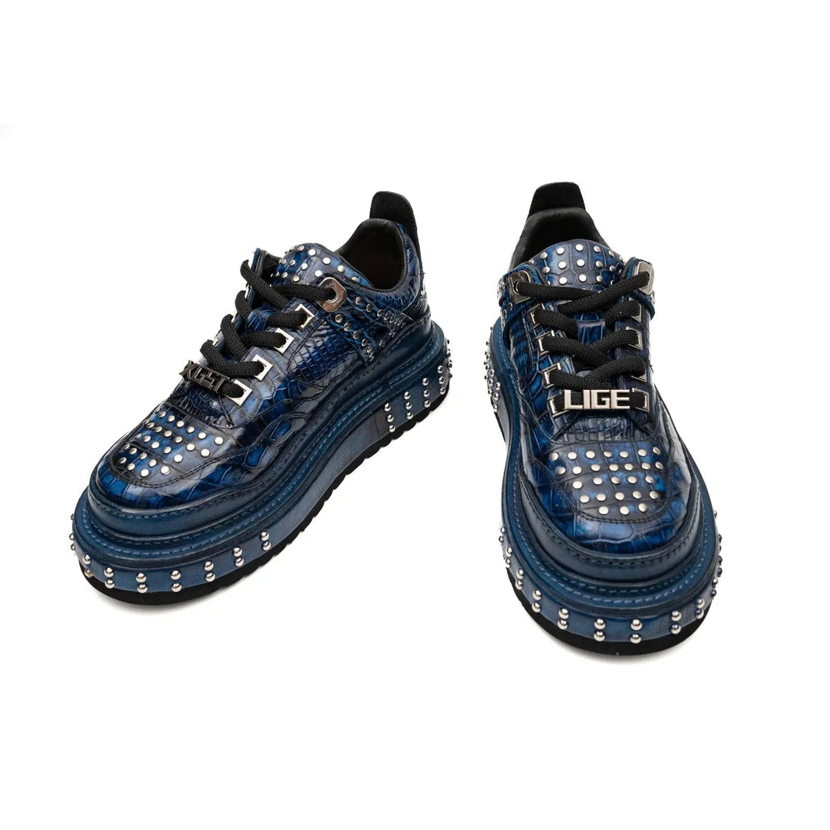 Blue Studded Crocodile Leather Sneakers