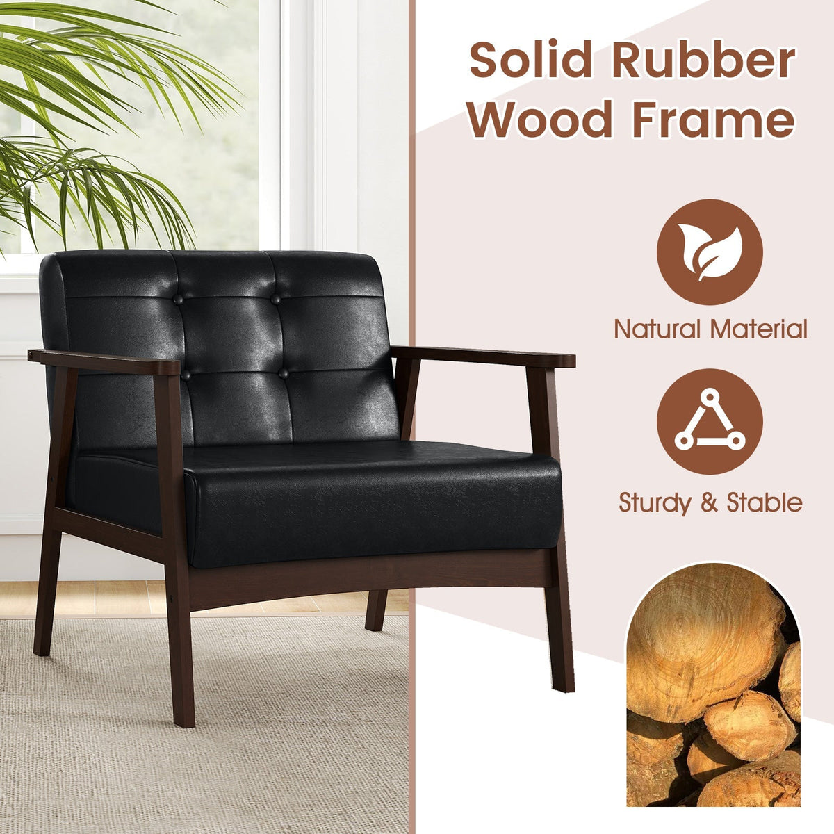 Rubber Wood Frame Accent Chair with Armrest for Living Room