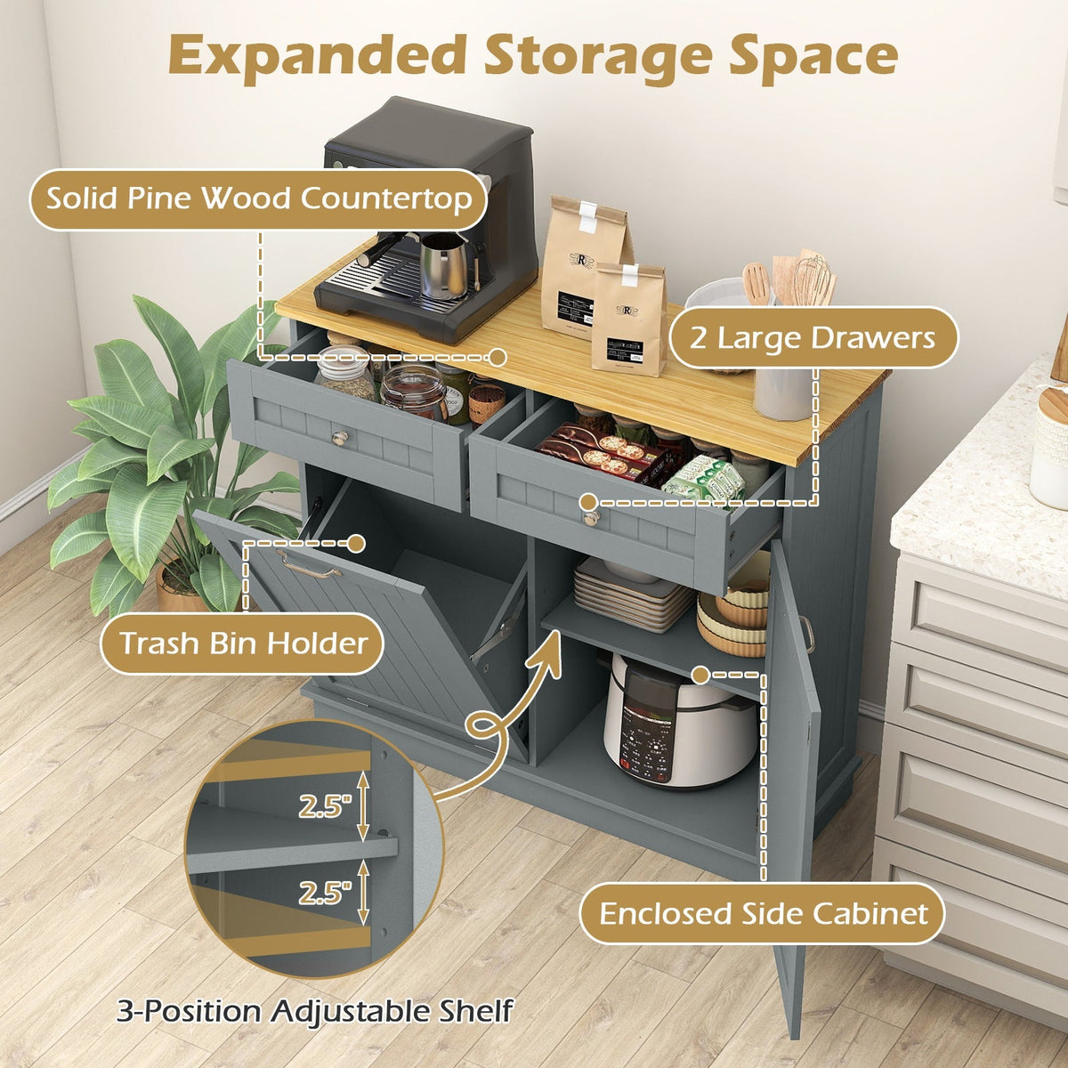 Kitchen Tilt Out Trash Cabinet with 2 Drawers and Adjustable Shelf