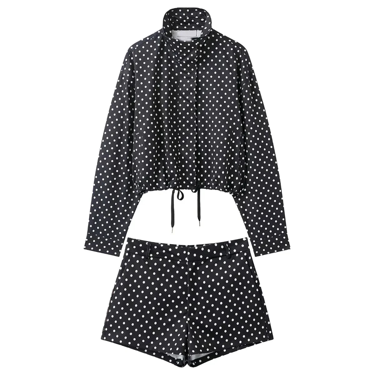HH Woman Autumn Long Sleeves Turtleneck Zipper With Pockets Drawstring Casual Coats Women Fashion Polka Dot Printed Jacket