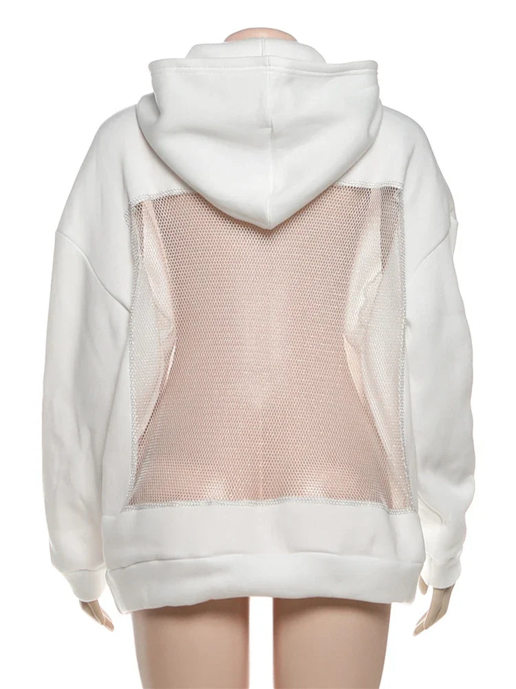 Sisterlinda Hooded Harajuku Sweatshirt Women Autumn Trend Backless ShinyThrea Mesh Patchwork Casual Street Hipster Pulloverr
