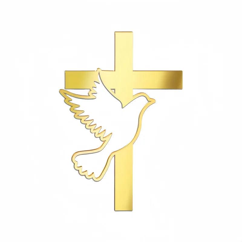 Ins Cross Christ Birthday Cake Topper Gold Acrylic Dove Cross for Eucharist Baby Baptism Party Cake Toppers Dessert Decoration