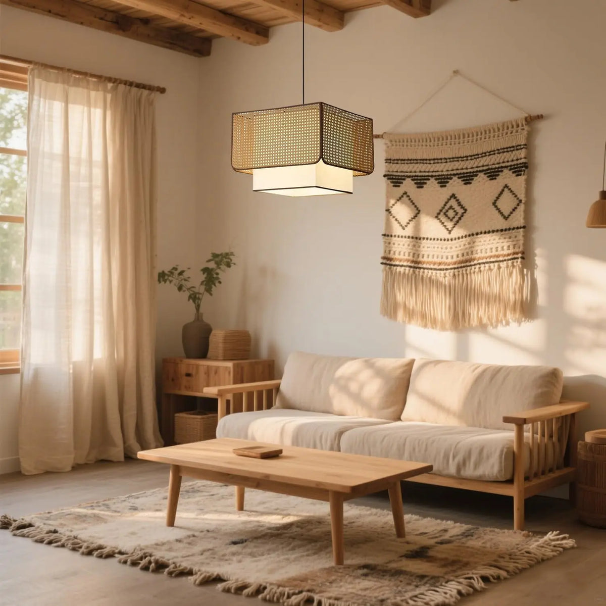 Lámpara colgante de ratán rústico retro para restaurante Wabi Sabi E27 Led, candelabro cuadrado para mesa de centro, accesorios de decoración para mesa de comedor