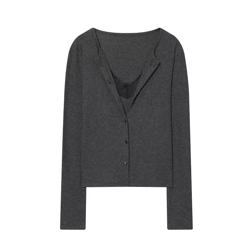 MUJER Cárdigan corto de encaje para mujer, tops de punto con botones, prendas de punto vintage, cárdigans de punto de manga larga para mujer