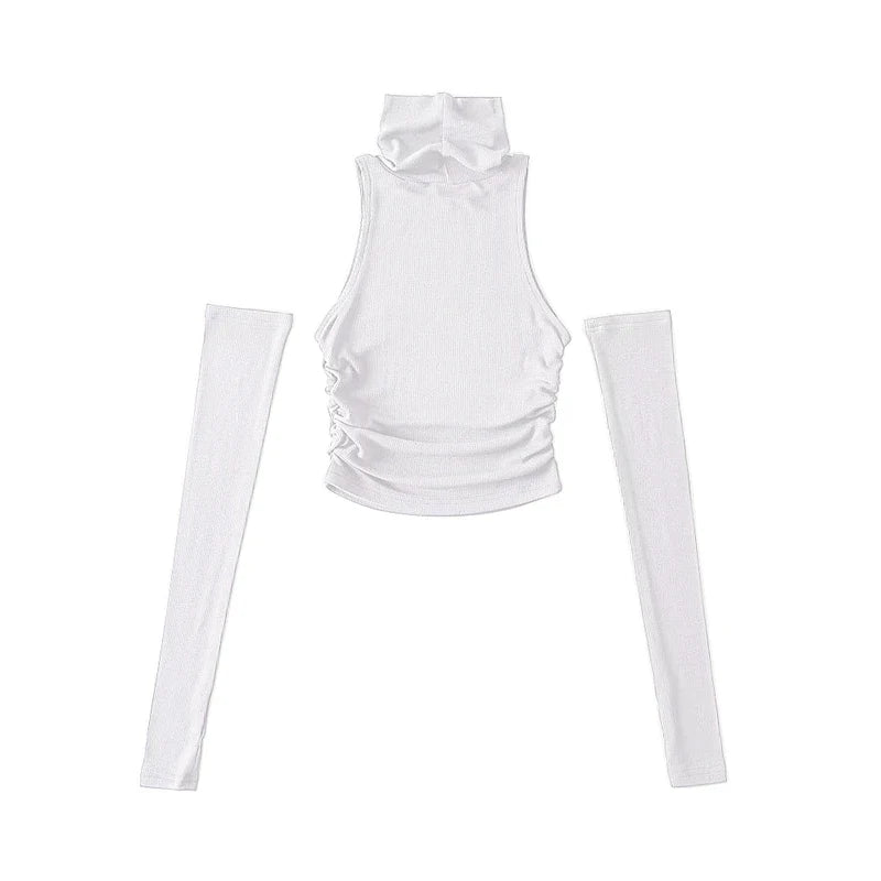 Woman Clothes Fall 2025 Tank Top Sleeve Cover Sleevless Side Pleats Turtleneck T-shirt  Sexy Ribbed Knitted Tops Y2k 2529