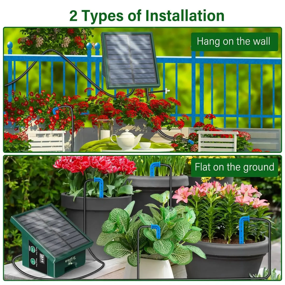 Sistema de riego solar para jardín, balcón, sistema de riego automático por goteo, sistema de riego de jardín DIY, riego por manguera de goteo