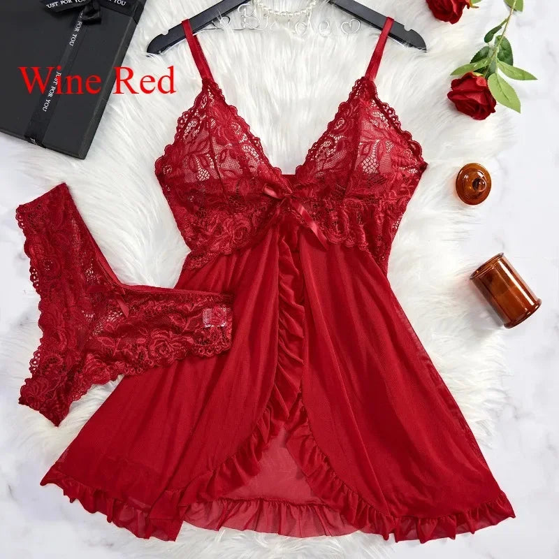 Conjunto de lencería sexy para mujer, sujetador erótico, camisón, lencería de encaje sexy, ropa de dormir, vestidos ajustados suaves, cuello en V, camisón completo y vestidos