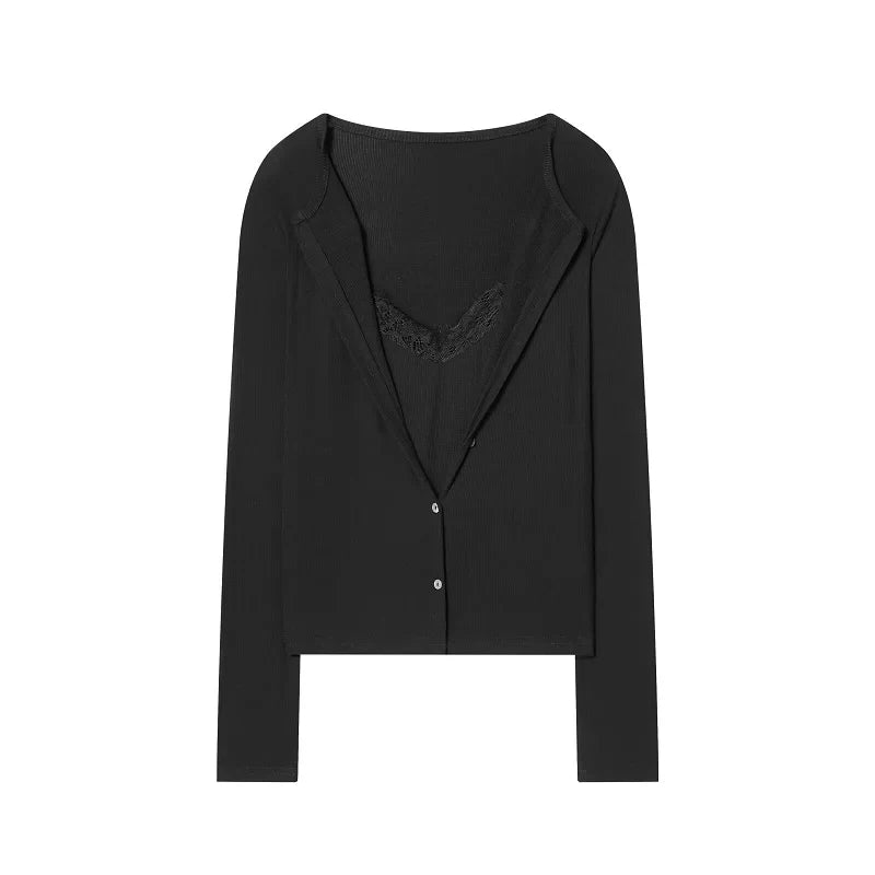 MUJER Cárdigan corto de encaje para mujer, tops de punto con botones, prendas de punto vintage, cárdigans de punto de manga larga para mujer