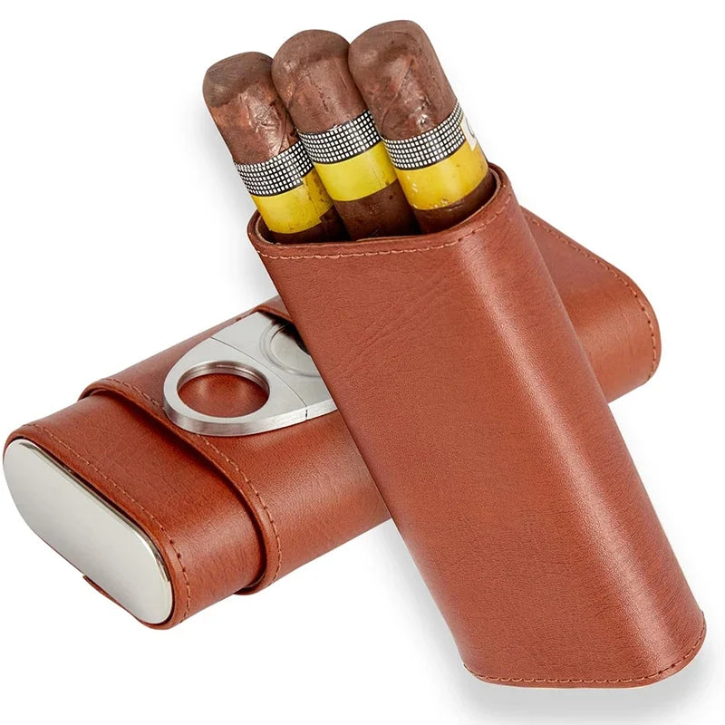 Estuche de piel con humidificador de viaje para cigarros, forro de madera de cedro, humidores de viaje para cigarros con cortador de cigarros de acero inoxidable