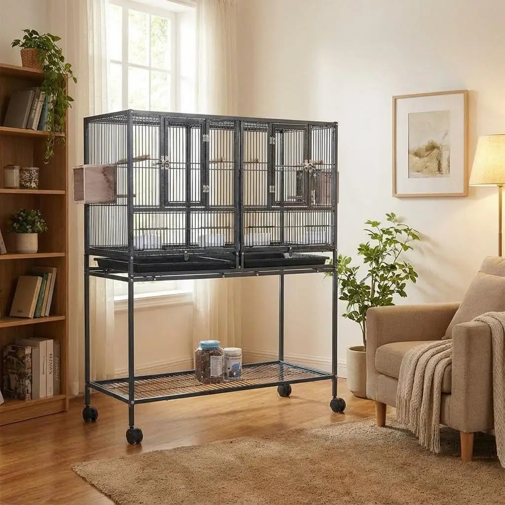 Jaula para pájaros de cría con soporte rodante desmontable Jaula de criador con perchas, cajas de comida, bandeja extraíble y estante de almacenamiento