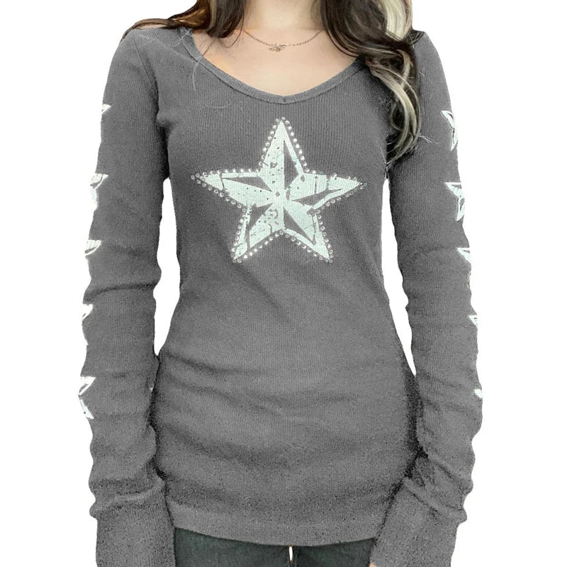 Camiseta térmica de manga larga estilo Y2K grunge, cyber mall goth, con estampado gráfico de calaveras, tops tipo pulóver, estética vintage de los 90 para mujer