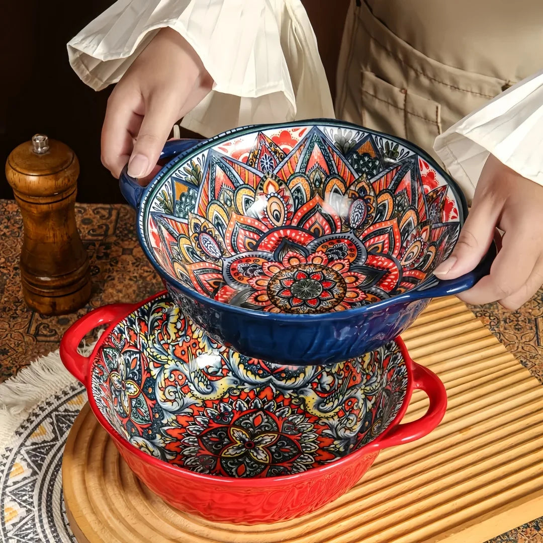 Tazón de sopa de cerámica estilo bohemio con asa, apto para microondas, diseño en relieve, ideal para servir sopas, ensaladas, fideos ramen