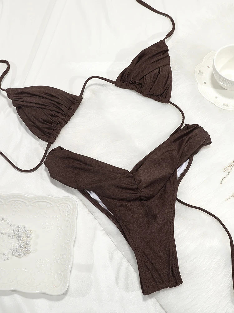 Sexy Folds Bikini Set Solid Micro Bikinis Women Swimsuit Female Triangle Swimwear Beach Wear Bathing Suit