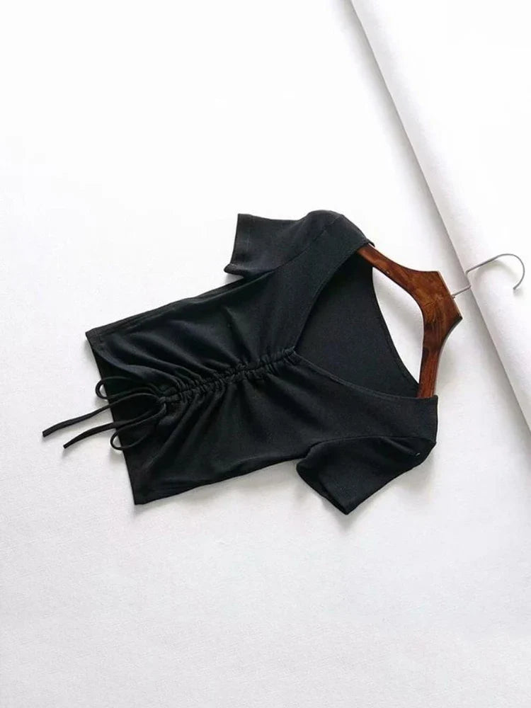 Sexy V Neck Cropped Tank Tops Women Drawstring Tie Up Front Camis Candy Colors Streetwear Slim Fit Ribbed Crop Top