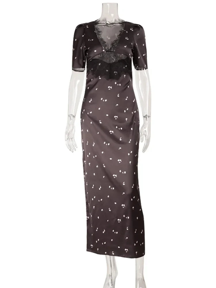 Lace Patchwork Printed Maxi Dresses For Women Fashion Sexy Streetwear Short Sleeves Slim Hollow Out Long Vestidos Robes Female