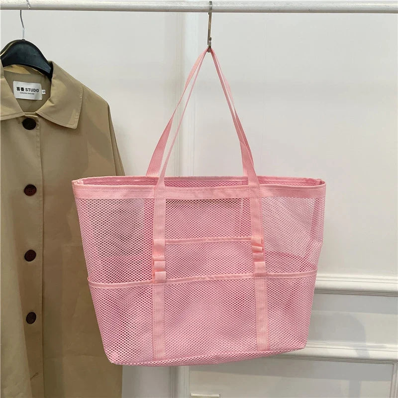 Portable Mesh Beach Bag For Women Makeup Travel Storage Wash Bag Summer Travel Swimming Bath Bag Organizer Shopper Totes