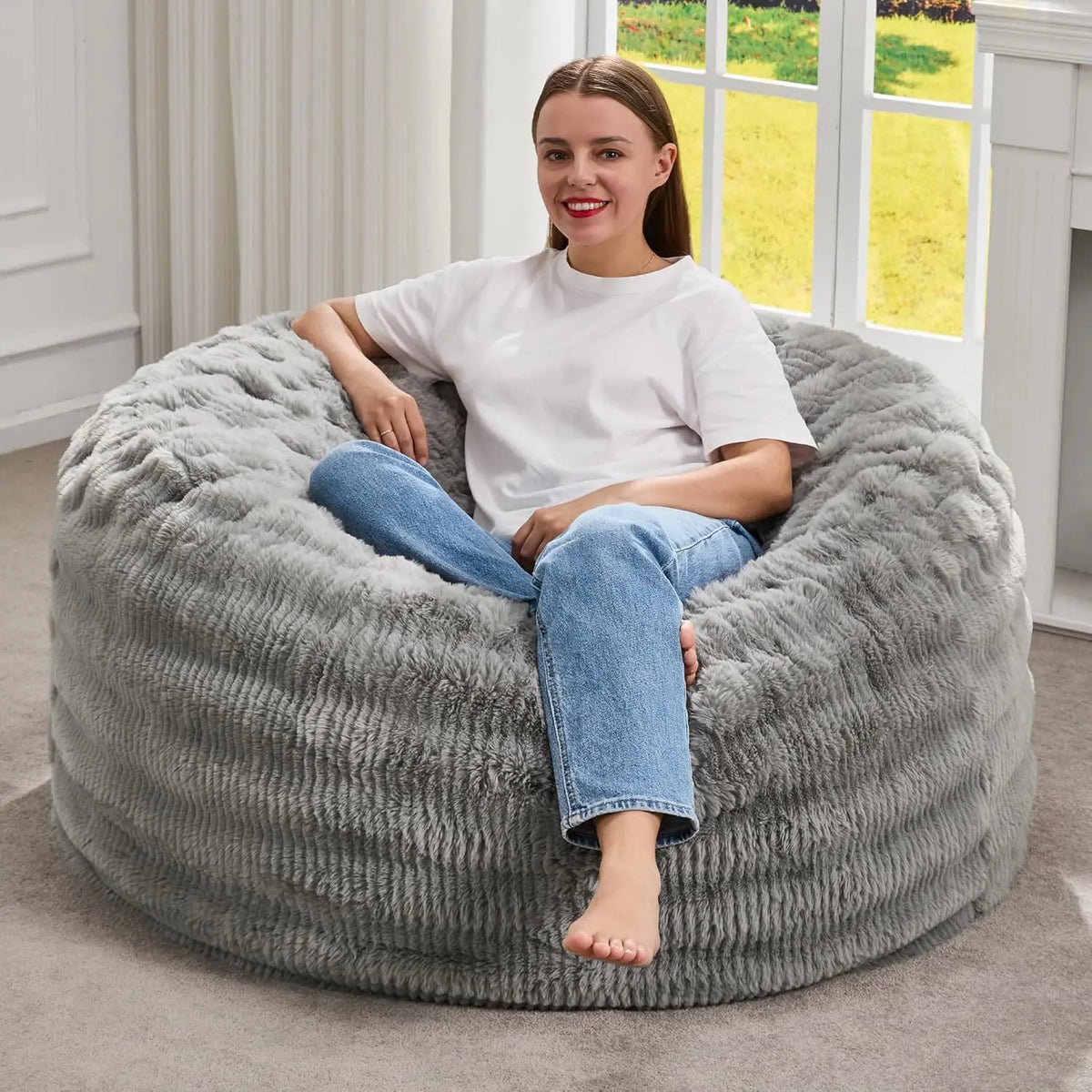Sillón Puf Cómodo de Espuma Viscoelástica con Funda Esponjosa, Tamaño de 91 cm para Adultos (Gris)