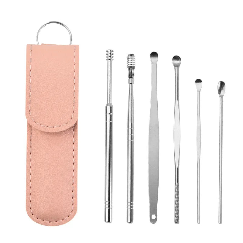 Eficaz herramienta de limpieza de cerumen de 6 piezas con hisopo espiral y cureta para oídos, herramienta para el cuidado diario de los oídos