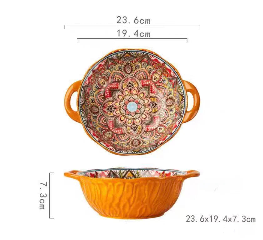 Tazón de sopa de cerámica estilo bohemio con asa, apto para microondas, diseño en relieve, ideal para servir sopas, ensaladas, fideos ramen